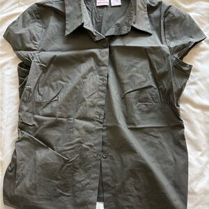 Xhilaration Army Green Collared Button Short Sleeve Blouse Cotton Spandex Size L
